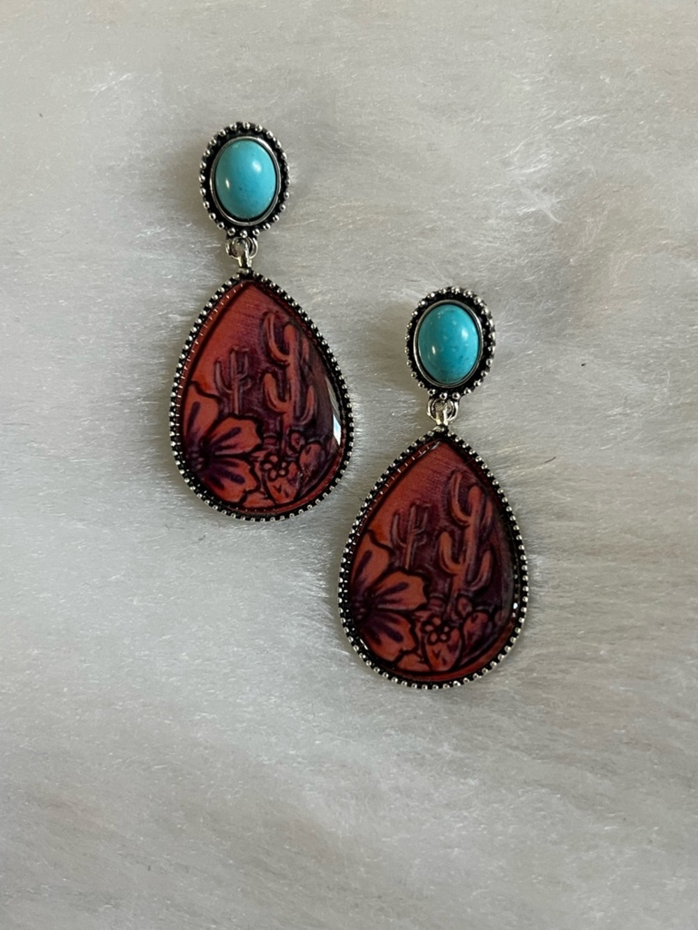 Turquoise & Rust Teardrop Floral Western Drop Earrings